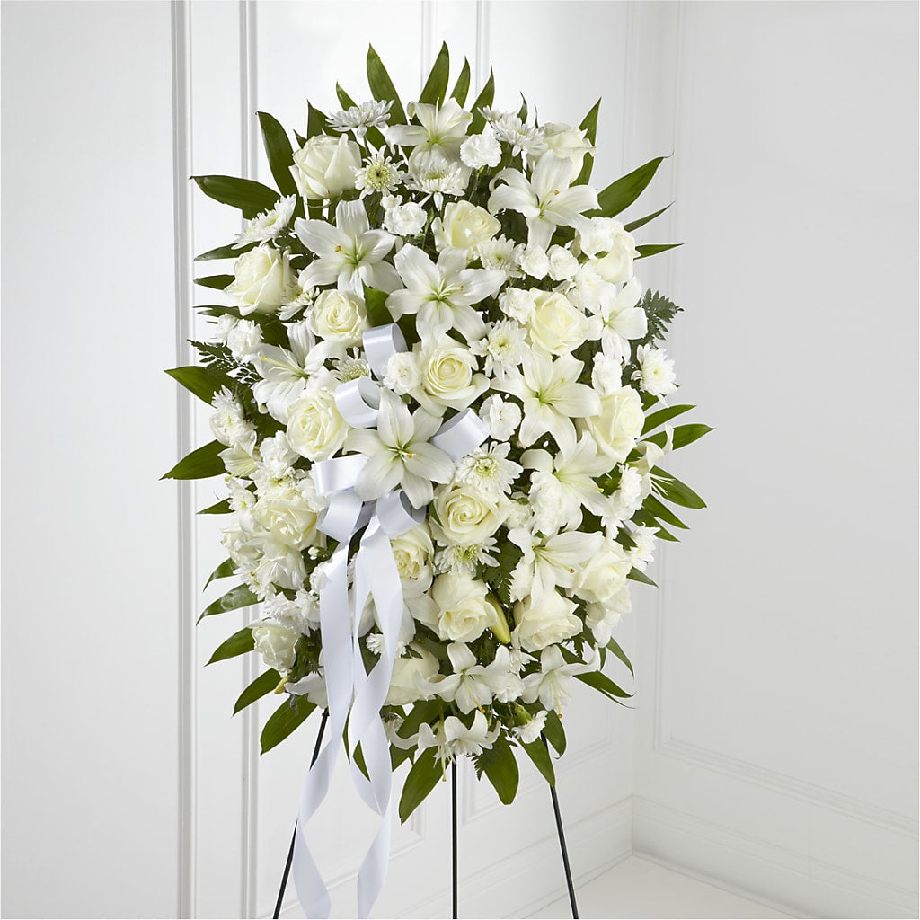 Exquisite Tribute Standing Spray-White Ribbon – Morningside Blooms Llc, Kansas City MO