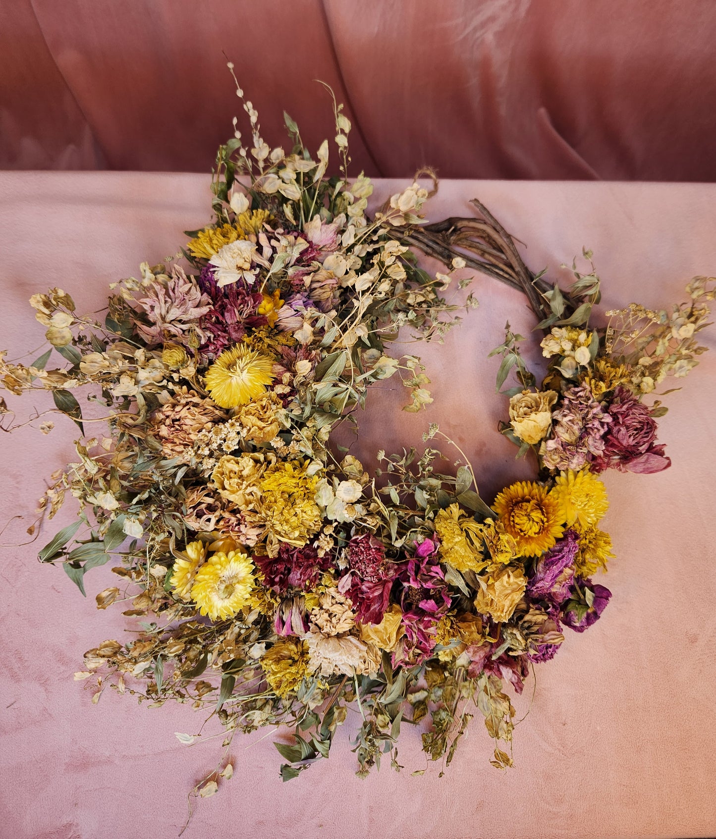 Pink & Yellow Dried Wreath – Morningside Blooms Llc, Kansas City MO